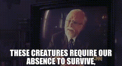 scene from the end of Jurassic Park with the scientist saying "these creatures require our absence to survive"