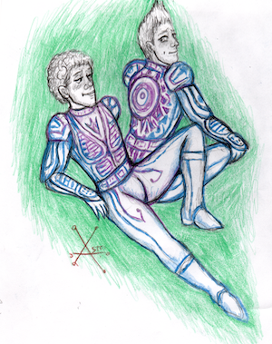 Colored pencil drawing of Tron and Ram from Tron:1982. Ram is lying on his back; Tron is visible on the other side of him in a seated position, looking back at him over his shoulder. Tron's back is facing the viewer so we can see that his back circuitry and disc are very purple; and so is Ram's chest and front. The rest of their circuitry is the usual blue color.