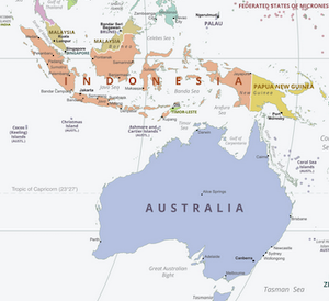 map zoomed in on Australia and Indonesia, clearly showing that Indonesia is north of Australia