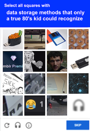 a captcha-type image, headed with "select all squares with data storage methods only a true 80's kid would recognize." The squares include pictures of USB drives, car parts, emoji, floppy disks and drives, Tron from 1982 (holding his disc), Father Jud from Wake Up Dead Man, glazed doughnuts, the Mission Status Sick cartoon, and an ad for Tumblr premium.