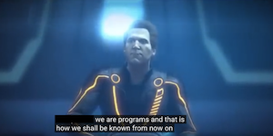 Clu at the podium speaking in Tron Evolution: We are programs and that is how we shall be known from now on