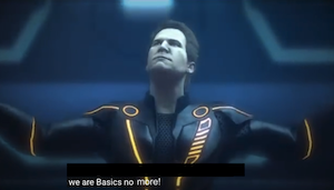 Clu at the podium speaking in Tron Evolution: We are Basics no more!