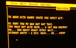 Text reading:
TO WHOM WITH HAMMY YOUTH YOU VOMIT WIT:

HI MOM! TOW MY WAX HAT OAT TAXI. THY MOAT HOT WITH MATH... A VAT HOW MOUTHY! HA... HOW WAVY! HOAX! MYTH! WAIT... WITHOUT AMITY — A MIX: MAYO... UH... OVUM!

The titlebar above it has the letters in the right order, but the image of each character is flipped horizontally