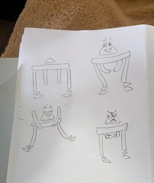 sketches of the Pattern Recognizer. first, a design adapted from the Internet Archive logo, with the inner two columns shortened, the outer two columns equipped with Recognizer-like inward-pointing feet, and a small triangle hovering over the center of the roof to form the Recognizer head. Then three anthropomorphized sketches, giving the Recognizer a mouth and eyes on that triangle, and styling the outer columns as feet and the inner ones as arms. First a small hopeful smile, with hands together. second, an enthusiastic grin, arms thrown up in the air. Third, angry, with arms folded.