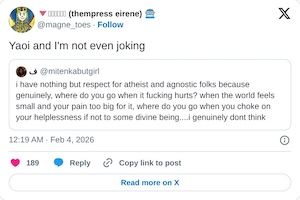 Yaoi and I'm not even joking https://t.co/Gp7mhb7zdm

— 🔻ᠠ‍ᡳᡵᡝᠨ‍ᡳ (thempress eirene) 🤖 (@magne_toes) February 4, 2026