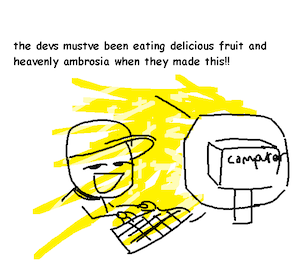 a smug looking guy in a baseball cap sits at his computer, which is emitting rays of shining yellow light. he looks smugly to the camera and says
"the devs must've been eating fresh fruit and heavenly ambrosia when they made this!!"