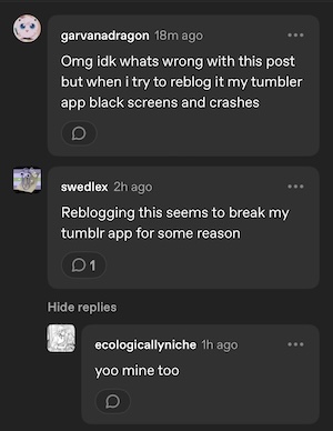 A screenshot of 3 post replies where people say that reblogging this post crashed their app.