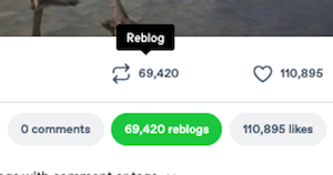 screenshot from right before I reblog. the number of reblogs is at 69,420