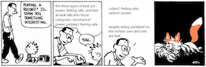 the above conversation transcribed onto the calvin and hobbes strip in question. calvin's dad says "playing a record? i'll show you something interesting. the three types of kinks are power, feeling safe, and feet. all kink falls into those categories. dominance? power. petplay? feeling safe. collars? feeling safe. sadism? power. despite being unrelated on the surface, ears and tails are feet." followed by calvin in bed with fox ears and a tail