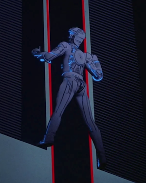 the screencap from Tron: 1982 with Tron climbing on the outside of Sark's Carrier, showing off his butt very nicely