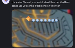 screenshot of the circuit pattern on Clu1's chest from Tron 1982 with Bits arranged on the vertical lines like candle flames on a Hanukkah menorah, most of them in gray rounded null-bit form but one changed already to a golden yes-bit. words above say: "tfw when you're Clu and your weird friend Ram decided he's gonna use you as the 8-bit menorah this year"