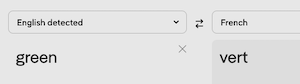 screenshot of an online translation of the English word "green" into the French word "vert"