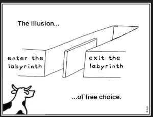 the comic of a cow facing two paths that lead the same place, with the caption "the illusion of free choice." the paths are labeled "enter the labyrinth" and "exit the labyrinth," and the cow has been cropped so it is only a bovine head and shoulders.