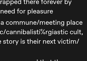 zoomed in screenshot of previous paragraph about a "cannibalistic / orgiastic cult" where the c / o has been automatically turned into what I think is the symbol for "in care of," a hideous little thing that makes the letters look as if they're trying to cosplay the circles in a percent sign 