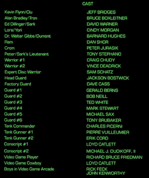 CAST
Kevin Flynn/Clu
JEFF BRIDGES
Alan Bradley/Tron
BRUCE BOXLEITNER
Ed Dillinger/Sark
DAVID WARNER
Lora/ Yori
CINDY MORGAN
Dr. Walter Gibbs/Dumont
BARNARD HUGHES
Ram
DAN SHOR
Crom
PETER JURASIK
Peter/Sark's Lieutenant
TONY STEPHANO
Warrior #1
CRAIG CHUDY
Warrior #2
VINCE DEADRICK
Expert Disc Warrior
SAM SCHATZ
Head Guard
JACKSON BOSTWICK
Factory Guard
DAVE CASS
Guard #1
GERALD BERNS
Guard #2
BOB NEILL
Guard #3
TED WHITE
Guard #4
MARK STEWART
Guard #5
MICHAEL SAX
Guard #6
TONY BRUBAKER
Tank Commander
CHARLES PICERNI
Tank Gunner #1
PIERRE VUILLEUMIER
Tank Gunner #2
ERIK CORD
Conscript #1
LOYD CATLETT
Conscript #2
MICHAEL J. DUDIKOFF, I!
Video Game Player
RICHARD BRUCE FRIEDMAN
Video Game Cowboy
LOYD CATLETT
Boys in Video Game Arcade
RICK FEC
JOHN KENWORTH