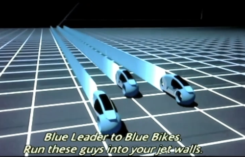 Enemy lightcycles, with the leader saying: Blue Leader to Blue Bikes. Run these guys into your jetwalls.