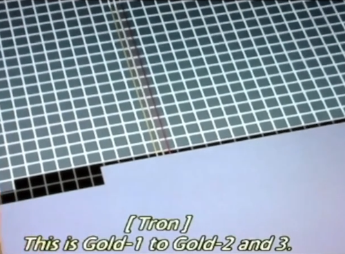 View of the Lightcycle Grid, with Tron saying: This is Gold-1 to Gold 2 and 3.