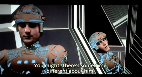 Ram and Tron in the cells, right after Tron has pessimistically said he'll probably never get to meet Flynn. Ram is replying, "You might. There's something different about him."