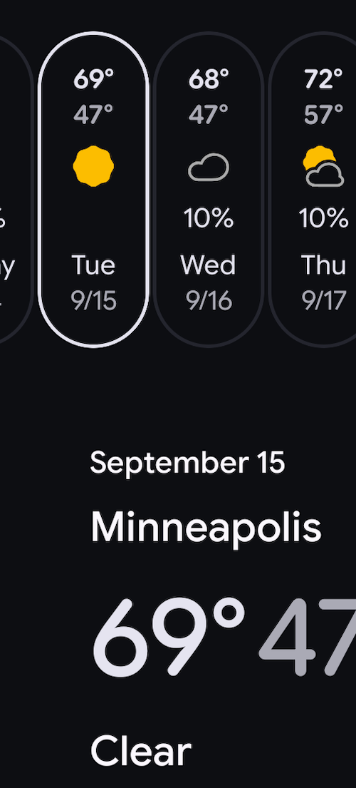 screenshot of weather forecast indicating that tomorrow is going to be sixty nine degrees fahrenheit in Minneapolis MN 