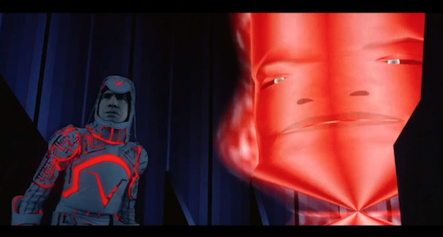 MCP (giant red cylinder villain from TRON) and Sark (red-circuited humanoid villain from TRON) both looking critically at something offscreen