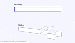 Animated gif of a software loading bar, from two views. One view of the familiar horizontal bar being gradually filled with color. Then viewed from slightly above, to portray it as a folding strip-like shape that bends at right angles, travels into the background, perpendicular to its prior path, turns again, returns to the original path of the bar and then diverges again, multiple times. This is implied to illustrate why the bar seems to move at irregular speeds, when viewed "head-on" at the angle that makes it look like a simple line.