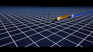 animated gif of Lightcycles in TRON (1982), showing how they move at right angles on the game grid and leave a trail shaped like a strip of color behind them, resembling the loading bar image above.